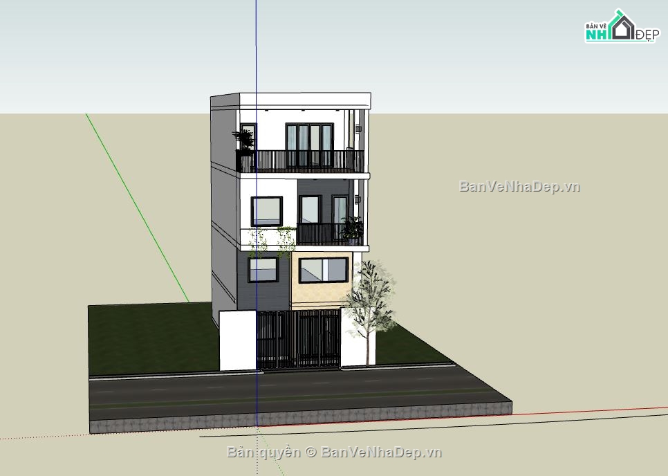 sketchup nhà phố 3 tầng,thiết kế nhà phố 3 tầng,mẫu nhà phố 3 tầng