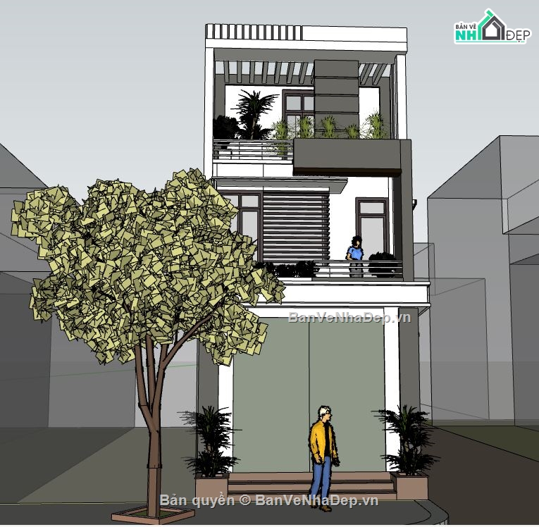 3d su nhà phố 3 tầng,model su nhà phố 3 tầng,sketchup nhà phố