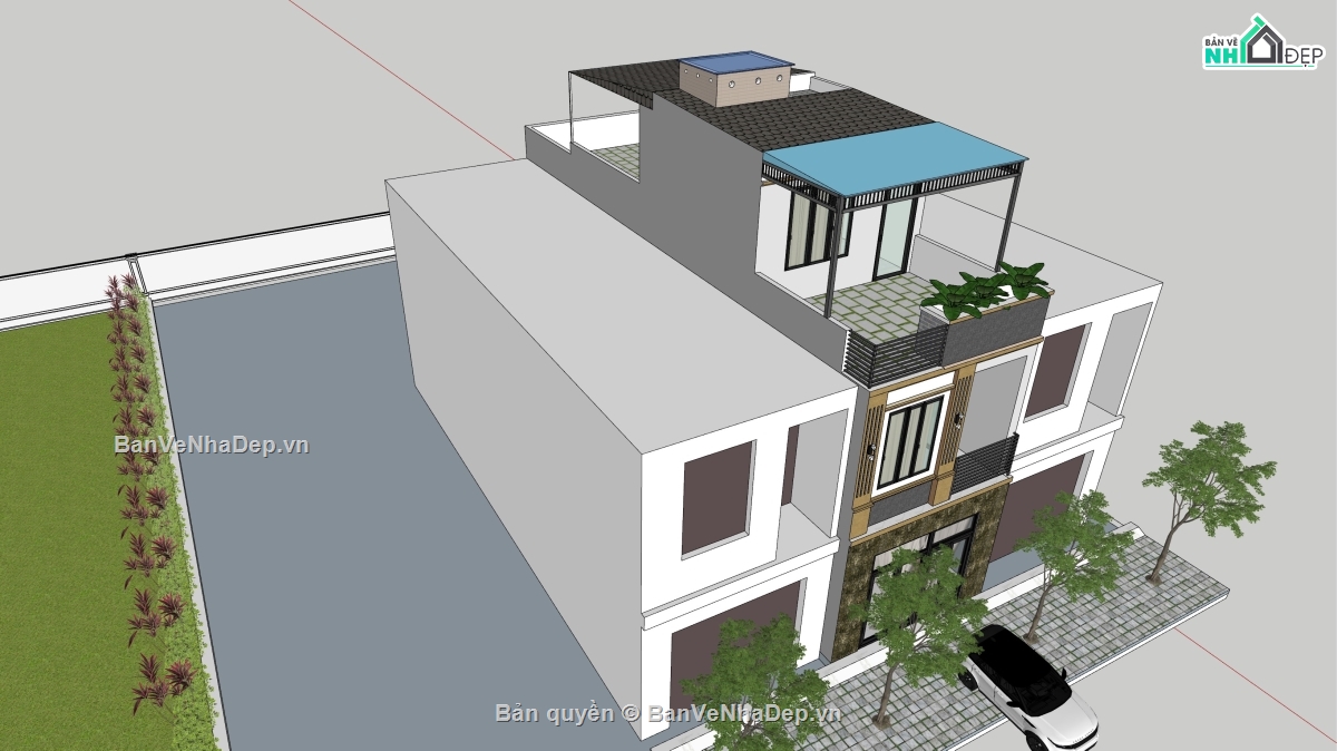 Nhà phố 3 tầng,sketchup nhà phố 3 tầng,kiến trúc nhà phố 3 tầng,3d su nhà phố 3 tầng