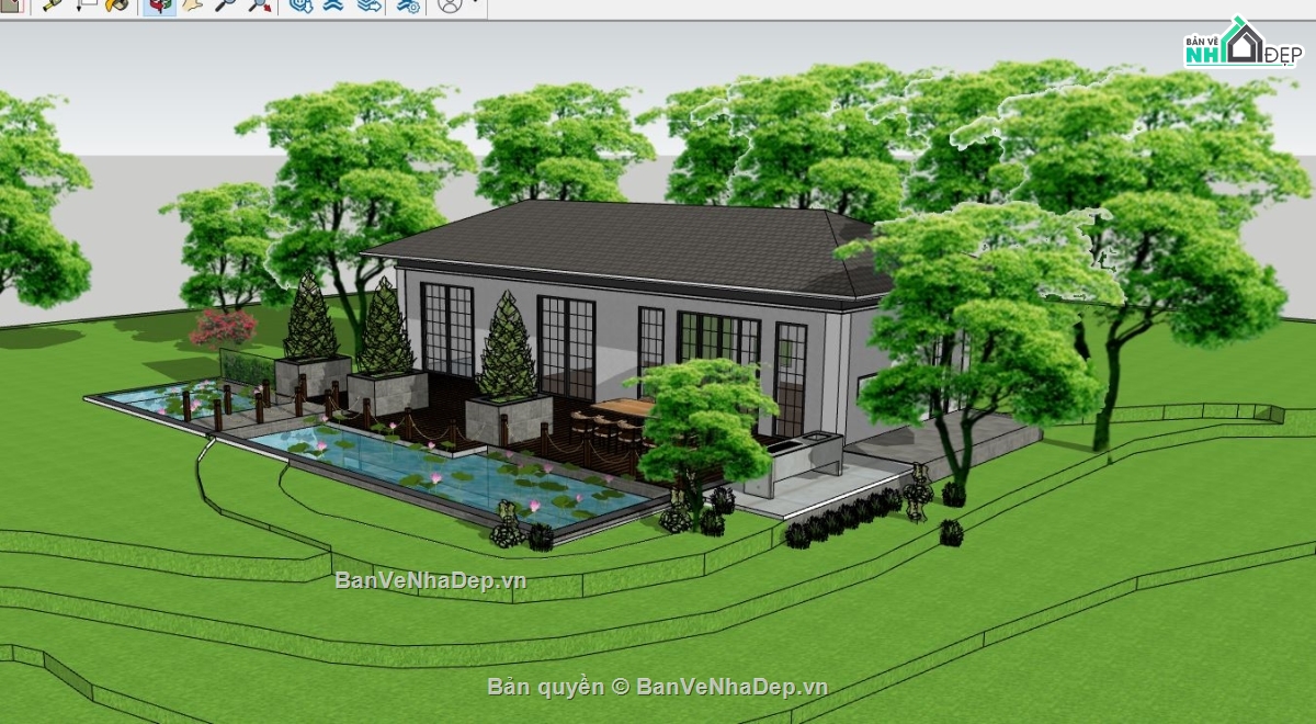 nhà vườn su,nhà vườn có hồ bơi,biệt thự nhà vườn file su,nhà vườn sketchup