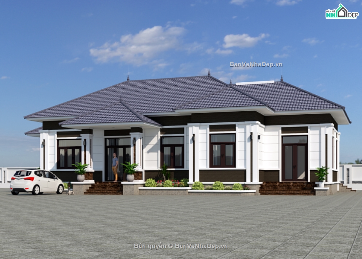 nhà vướn 1 tầng mái Nhật,nhà vườn 1 tầng 20x10m,nhà vườn 1 tầng 4 phòng ngủ