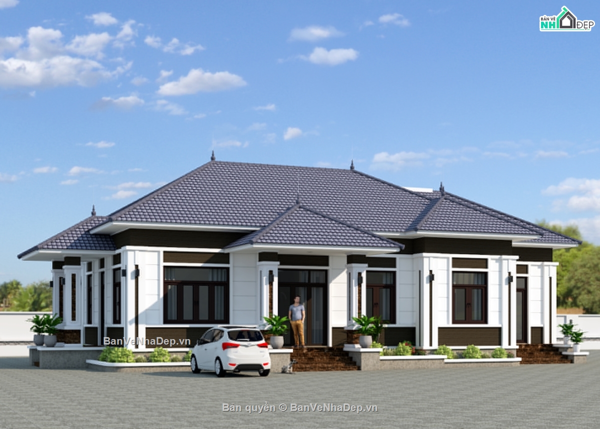 nhà vướn 1 tầng mái Nhật,nhà vườn 1 tầng 20x10m,nhà vườn 1 tầng 4 phòng ngủ