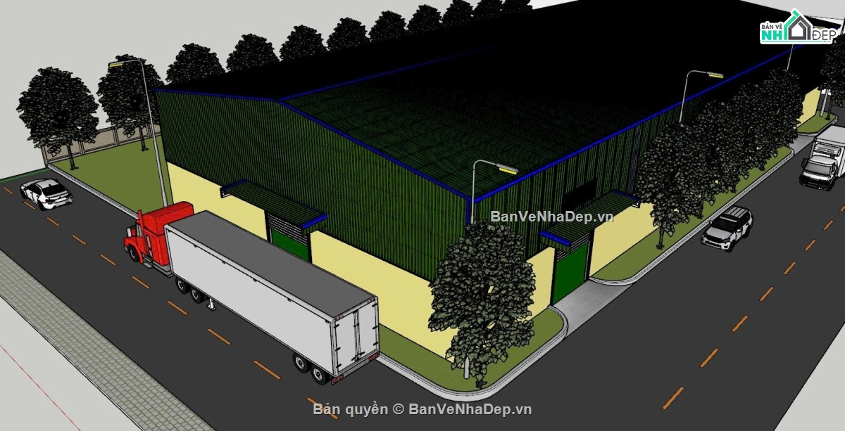 Nhà xưởng 25x55m,Model Sketchup,Sketchup