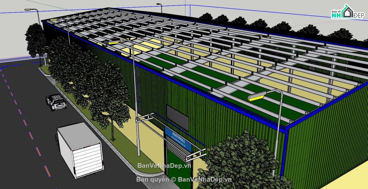 Nhà xưởng 25x55m,Model Sketchup,Sketchup