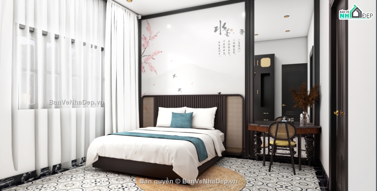 sketchup nội thất indochine,nội thất indochine,nội thất khách bếp sketchup,mẫu nội thất khách bếp sketchup