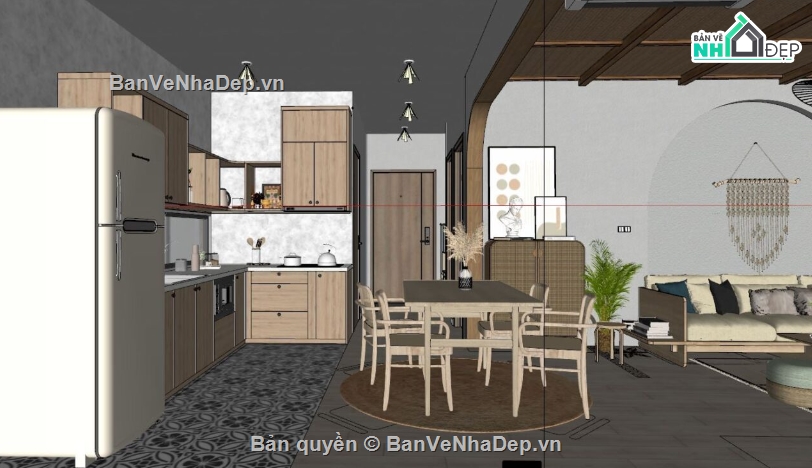 model su nội thất khách bếp,nội thất khách bếp sketchup,sketchup phòng khách bếp,sketchup nội thất phòng khách bếp