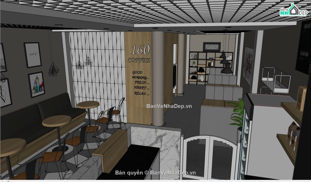 quán cà phê sketchup,nội thất quán cà phê,model su nội thất quán cà phê