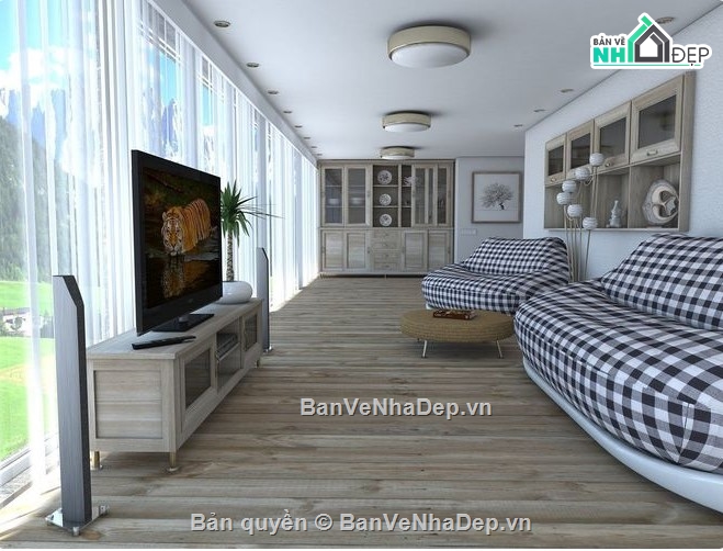 Nội thất căn hộ sketchup,Nội thất phòng khách bếp,phòng khách sketchup