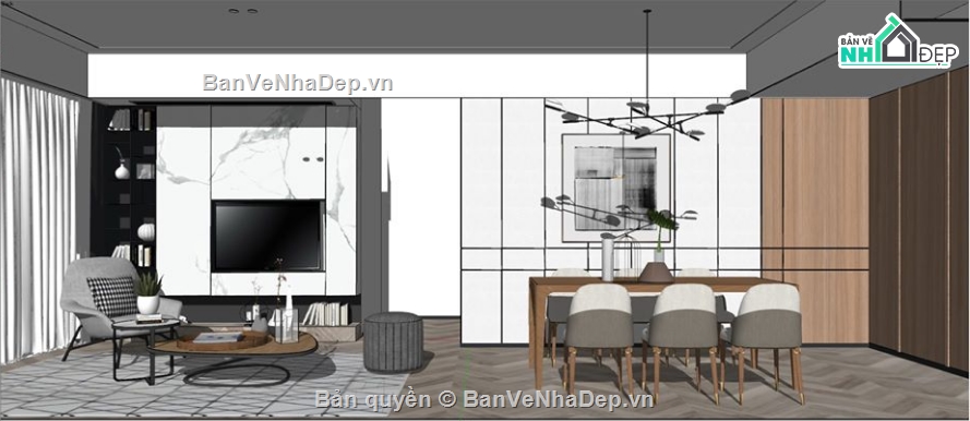sketchup phòng khách,nội thất phòng khách bếp,phòng khách bếp,nội thất phòng khách bếp sketchup,model su nội thất phòng khách bếp