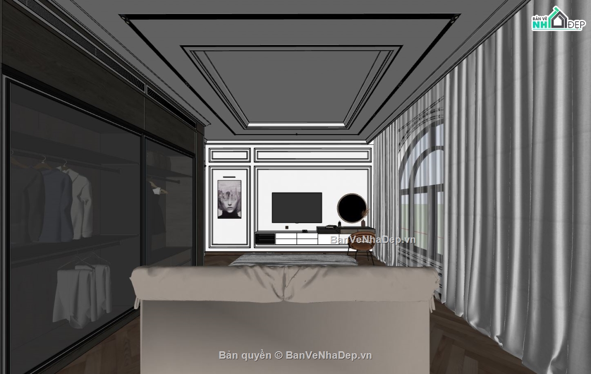 thiết kế phòng ngủ hiện đại,thiết kế phòng ngủ sketchup,nội thất phòng ngủ sketchup