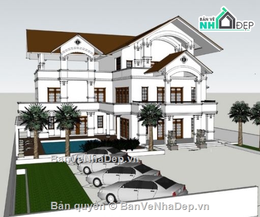 sketchup Biệt thự  3 tầng,biệt thự hiện đại,biệt thự mái thái