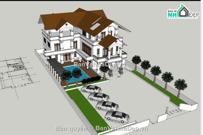 sketchup Biệt thự  3 tầng,biệt thự hiện đại,biệt thự mái thái