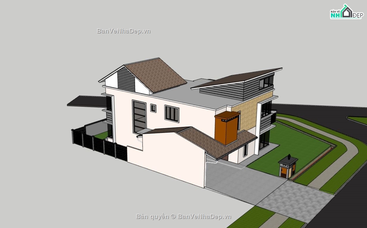 biệt thự 2 tầng,biệt thự sketchup,phối cảnh biệt thự