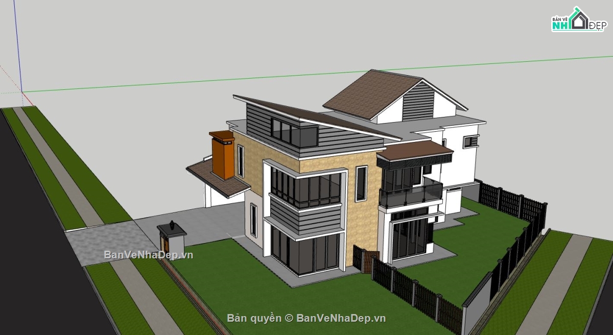 biệt thự 2 tầng,biệt thự sketchup,phối cảnh biệt thự