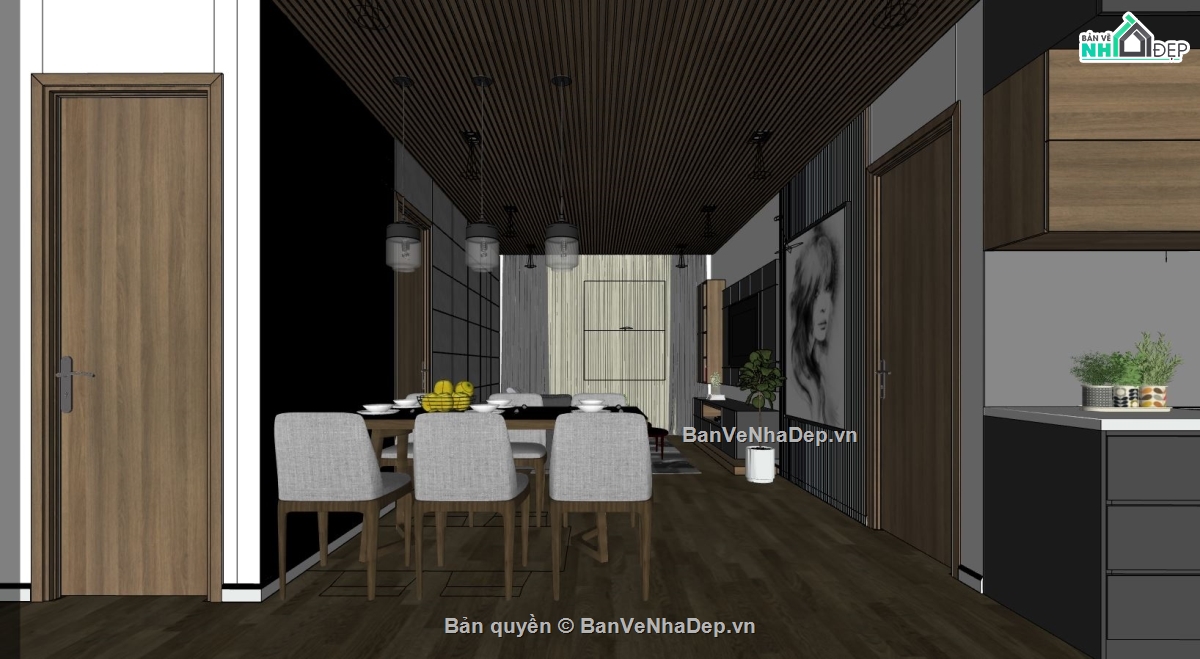 nội thất chung cư,sketchup thiết kế nội thất,nội thất khách bếp sketchup,phối cảnh chung cư,sketchup nội thất phòng ngủ