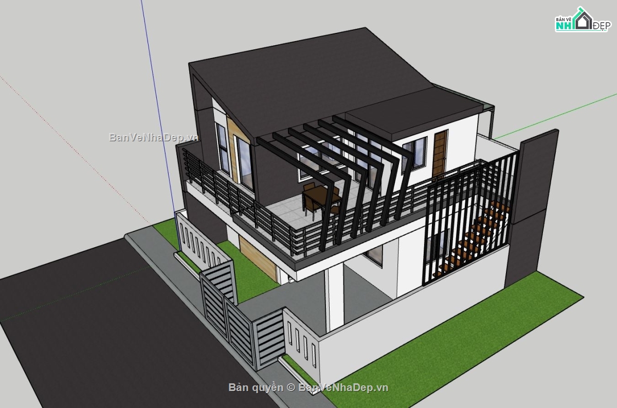 biệt thự 2 tầng,Phối cảnh biệt thự,thiết kế biệt thự 2 tầng,file sketchup biệt thự 2 tầng