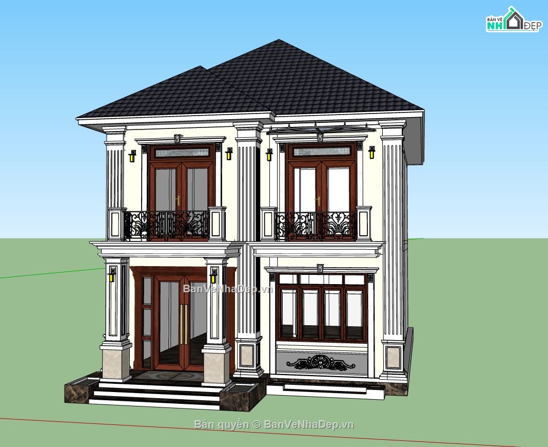 biệt thự 2 tầng,Phối cảnh biệt thự,mẫu biệt thự 2 tầng,sketchup biệt thự