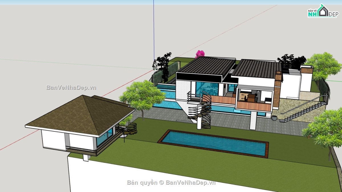 Phối cảnh biệt thự,biệt thự 2 tầng,biệt thự nghỉ dưỡng,file sketchup biệt thự 2 tầng