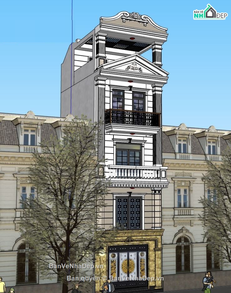 nhà phố 5 tầng,nhà phố cổ điển,Sketchup nhà phố