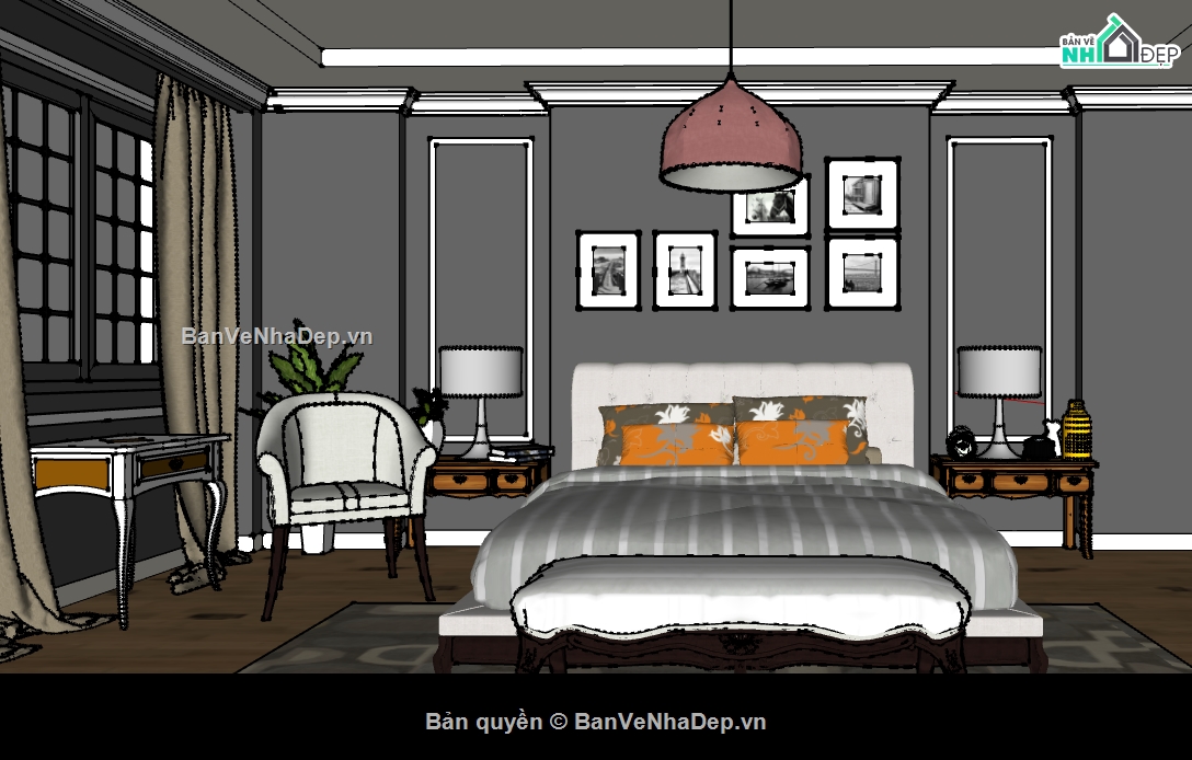 thiết kế phòng ngủ sketchup,sketchup nội thất phòng ngủ,file sketchup phòng ngủ căn hộ