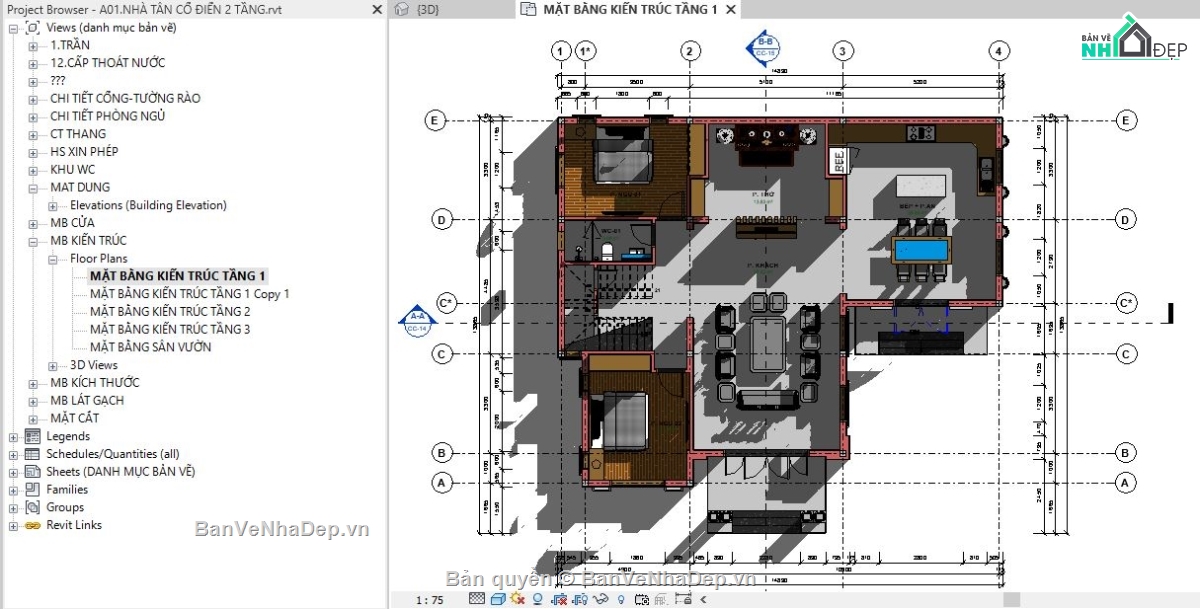 revit biệt thự 2 tầng,file revit biệt thự 2 tầng,bản vẽ revit biệt thự 2 tầng,Biệt thự 2 tầng 13.865x14.83m