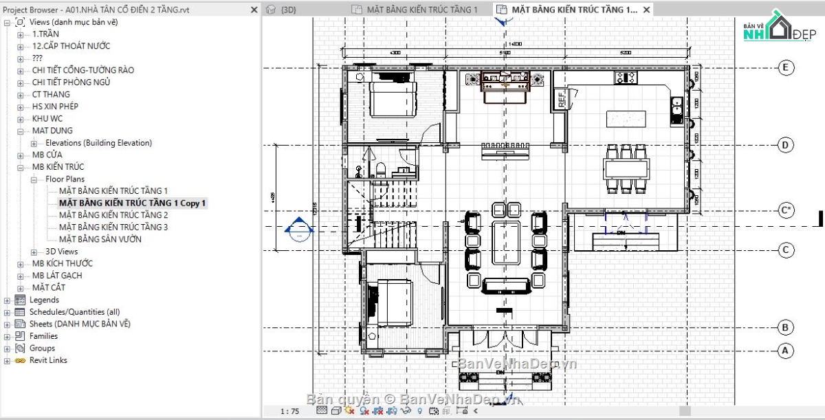 revit biệt thự 2 tầng,file revit biệt thự 2 tầng,bản vẽ revit biệt thự 2 tầng,Biệt thự 2 tầng 13.865x14.83m