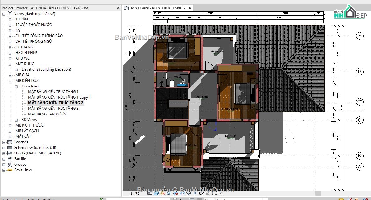 revit biệt thự 2 tầng,file revit biệt thự 2 tầng,bản vẽ revit biệt thự 2 tầng,Biệt thự 2 tầng 13.865x14.83m