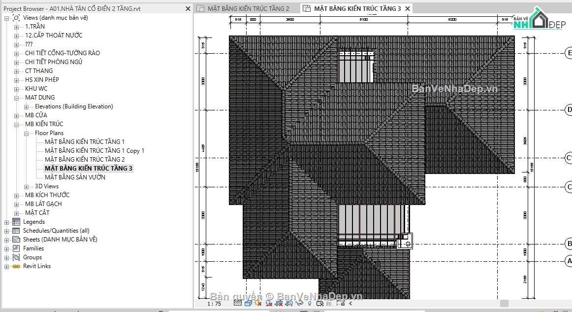 revit biệt thự 2 tầng,file revit biệt thự 2 tầng,bản vẽ revit biệt thự 2 tầng,Biệt thự 2 tầng 13.865x14.83m