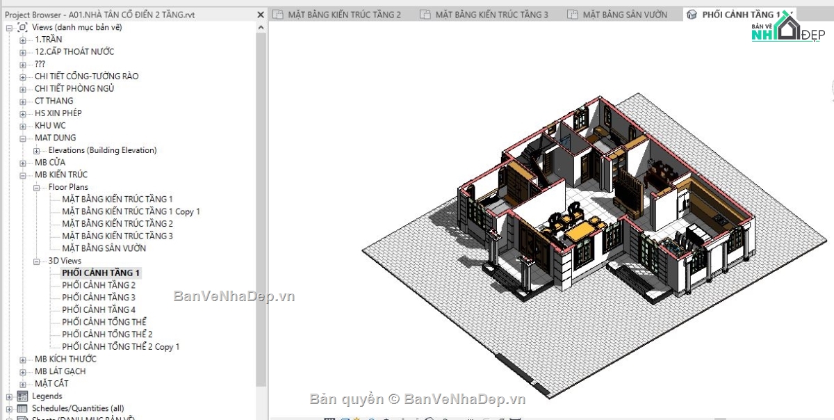 revit biệt thự 2 tầng,file revit biệt thự 2 tầng,bản vẽ revit biệt thự 2 tầng,Biệt thự 2 tầng 13.865x14.83m
