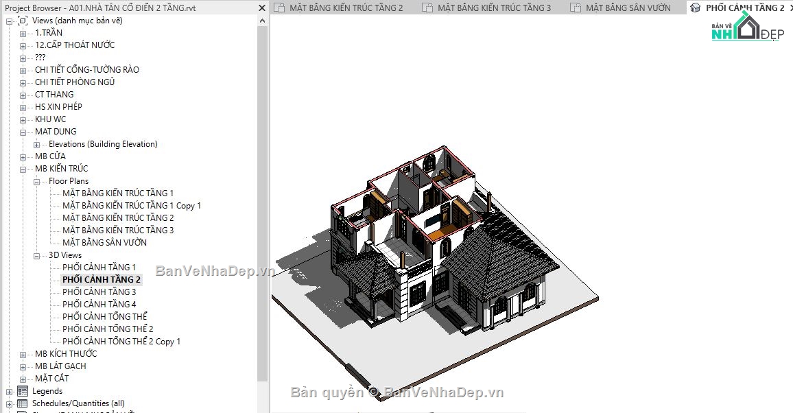revit biệt thự 2 tầng,file revit biệt thự 2 tầng,bản vẽ revit biệt thự 2 tầng,Biệt thự 2 tầng 13.865x14.83m