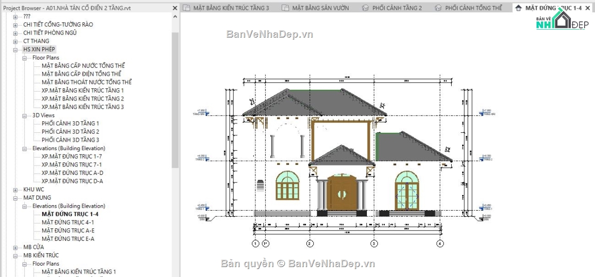 revit biệt thự 2 tầng,file revit biệt thự 2 tầng,bản vẽ revit biệt thự 2 tầng,Biệt thự 2 tầng 13.865x14.83m