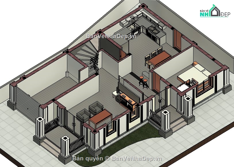 biệt thự 2 tầng tân cổ điển,Revit biệt thự 2 tầng 10x14m,Bản vẽ biệt thự 2 tầng 10x14m,Kiến trúc biệt thự 2 tầng