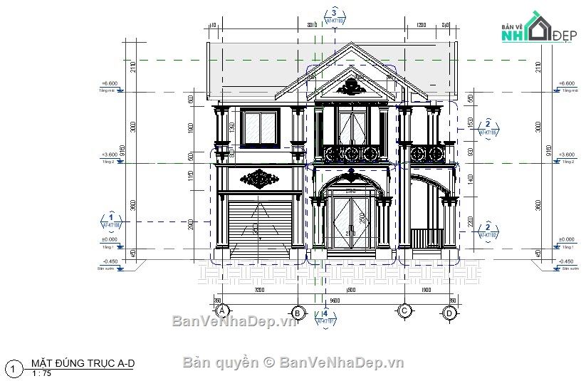 biệt thự 2 tầng tân cổ điển,Revit biệt thự 2 tầng 10x14m,Bản vẽ biệt thự 2 tầng 10x14m,Kiến trúc biệt thự 2 tầng