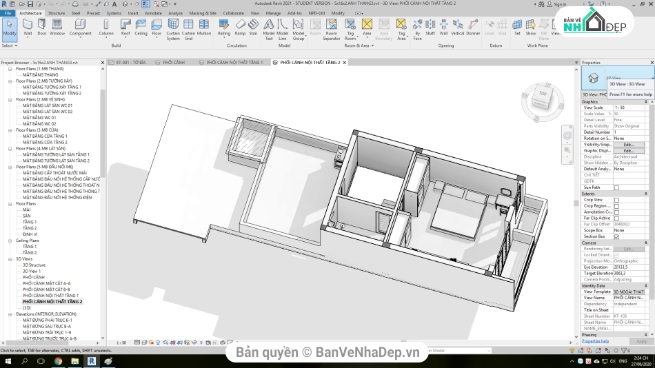 Nhà phố hiện đại 2 tầng,revit nhà phố 2 tầng,kiến trúc revit nhà phố 2 tầng,file revit nhà phố 2 tầng