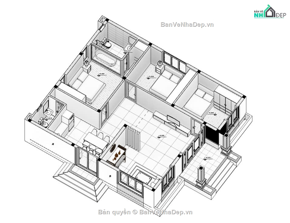 kiến trúc nhà mái thái,Nhà mái thái đẹp,File revit nhà,revit full,Revit đầy đủ nhà mái thái