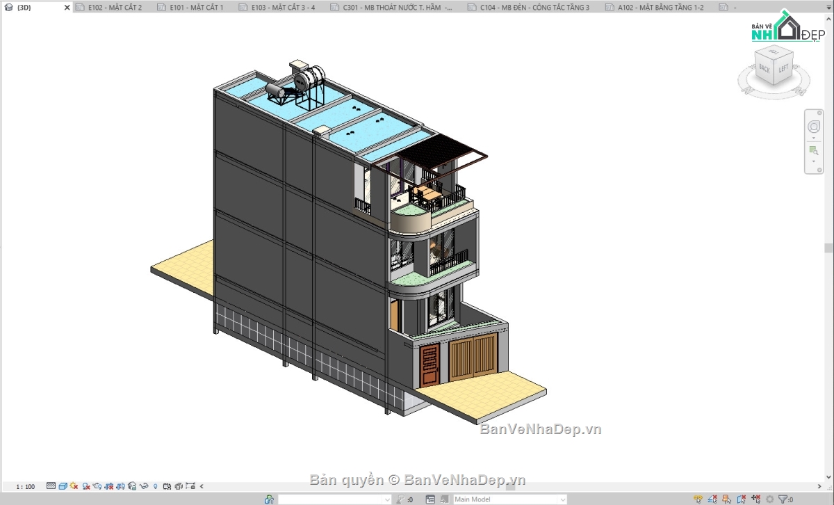 nhà phố 1 hầm 3 tầng,revit nhà phố 4 tầng,file revit nhà phố,kiến trúc nhà phố