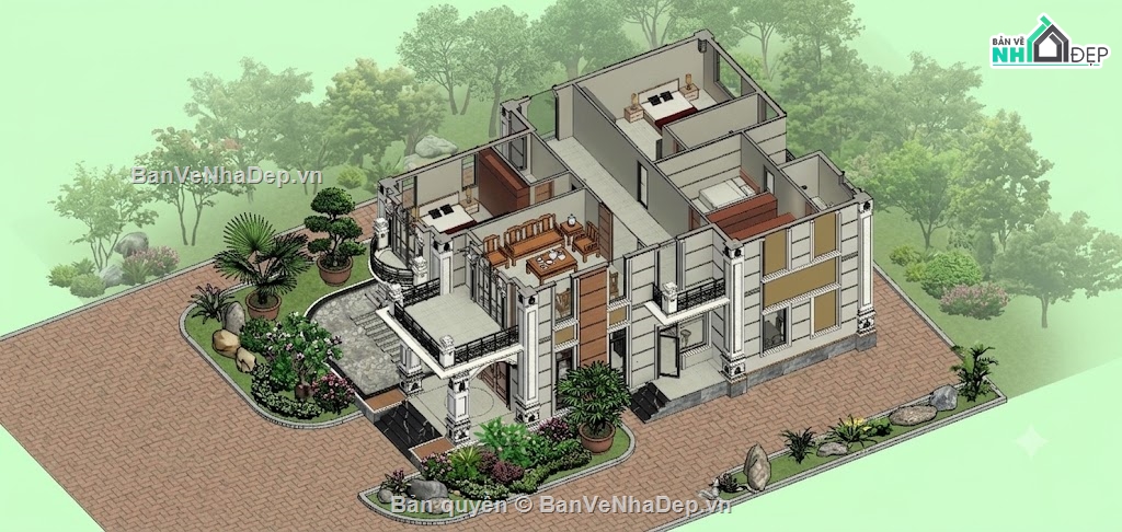 Biệt thự tân cổ điển,Biệt thự 2 tầng tân cổ điển,file cad biệt thự 2 tầng