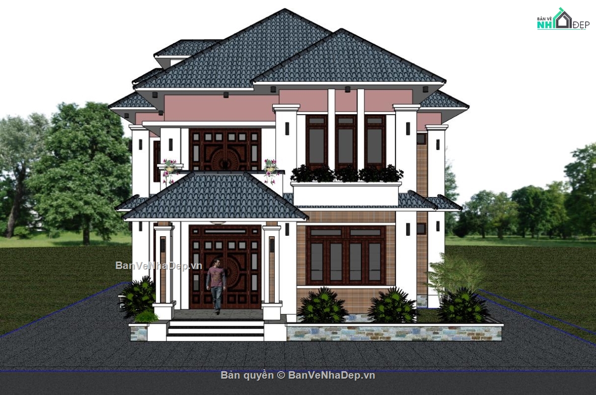 Sketchup,2 tầng,Sketchup 2 tầng,villa 2 tầng,mẫu sketchup villa 2 tầng