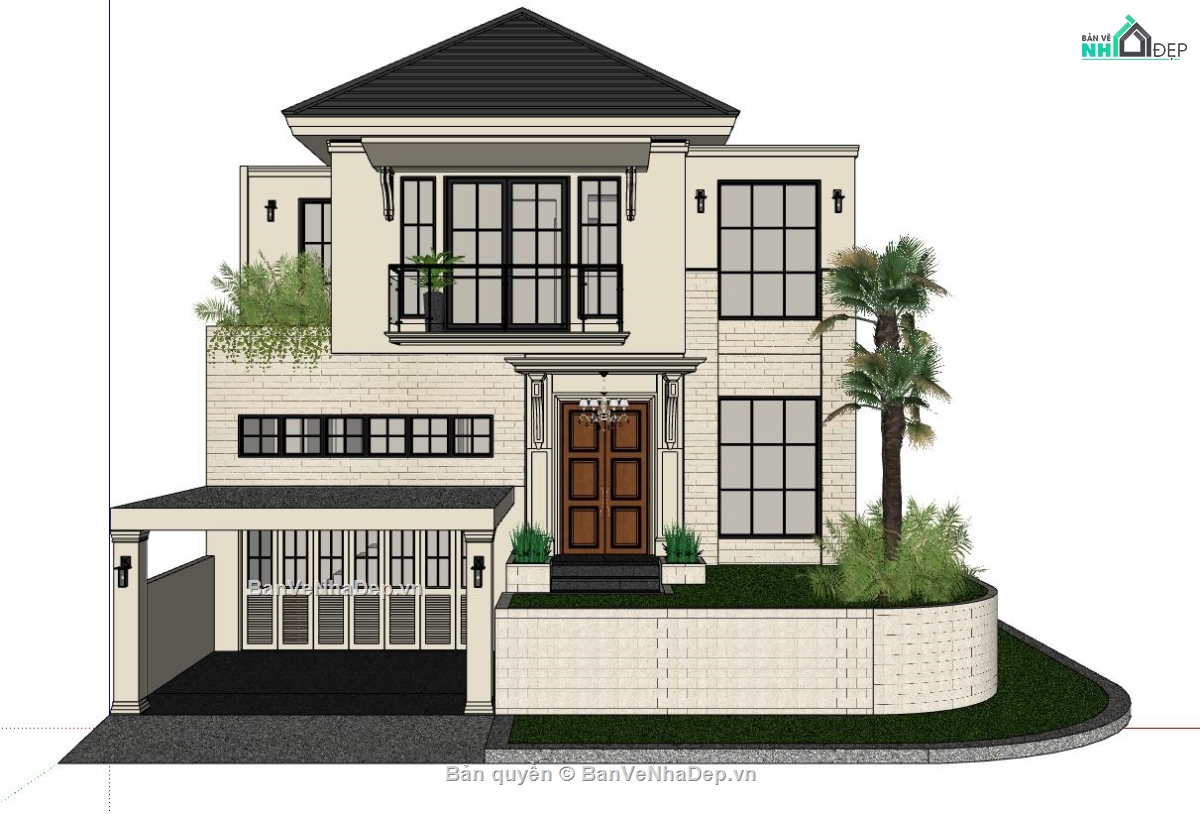 Sketchup,2 tầng,Sketchup 2 tầng,villa 2 tầng,mẫu sketchup villa 2 tầng