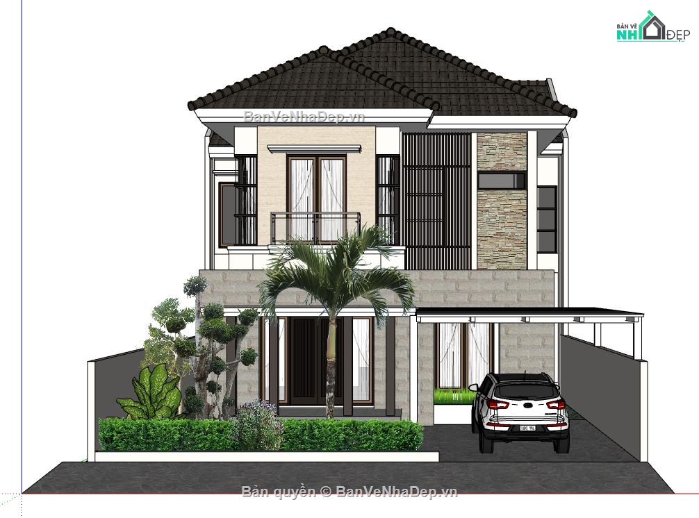 Sketchup,2 tầng,Sketchup 2 tầng,villa 2 tầng,mẫu sketchup villa 2 tầng