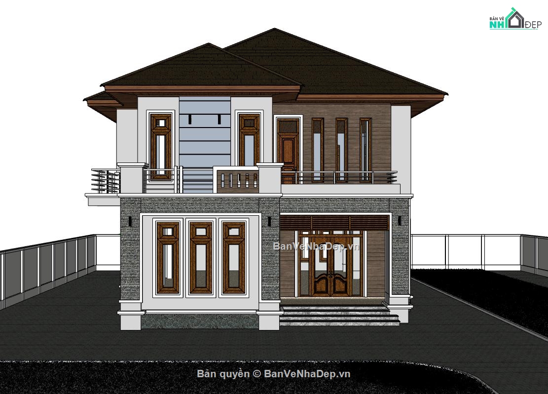 Sketchup,2 tầng,Sketchup 2 tầng,villa 2 tầng,mẫu sketchup villa 2 tầng
