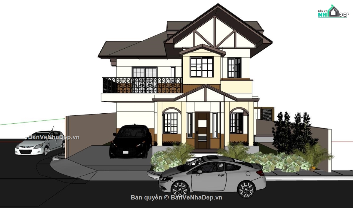 Sketchup,2 tầng,Sketchup 2 tầng,villa 2 tầng,mẫu sketchup villa 2 tầng