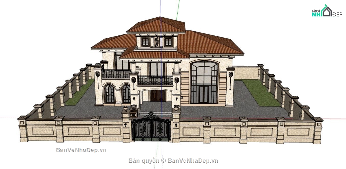 Sketchup,2 tầng,Sketchup 2 tầng,villa 2 tầng,mẫu sketchup villa 2 tầng