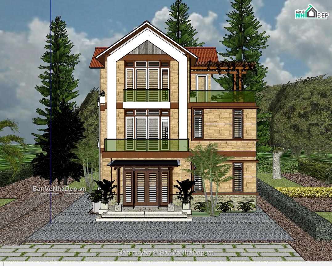 Sketchup,2 tầng,Sketchup 2 tầng,villa 2 tầng,mẫu sketchup villa 2 tầng
