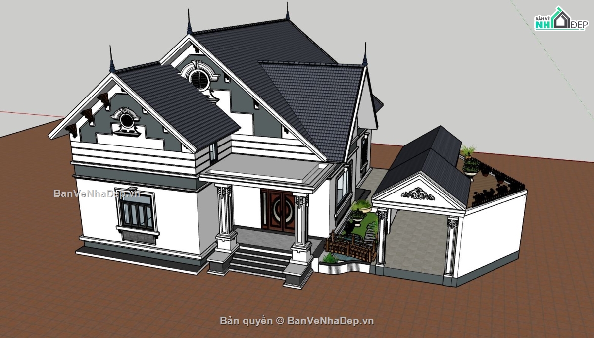 biệt thự 1 tầng,sketchup biệt thự 1 tầng,ngoại cảnh biệt thự