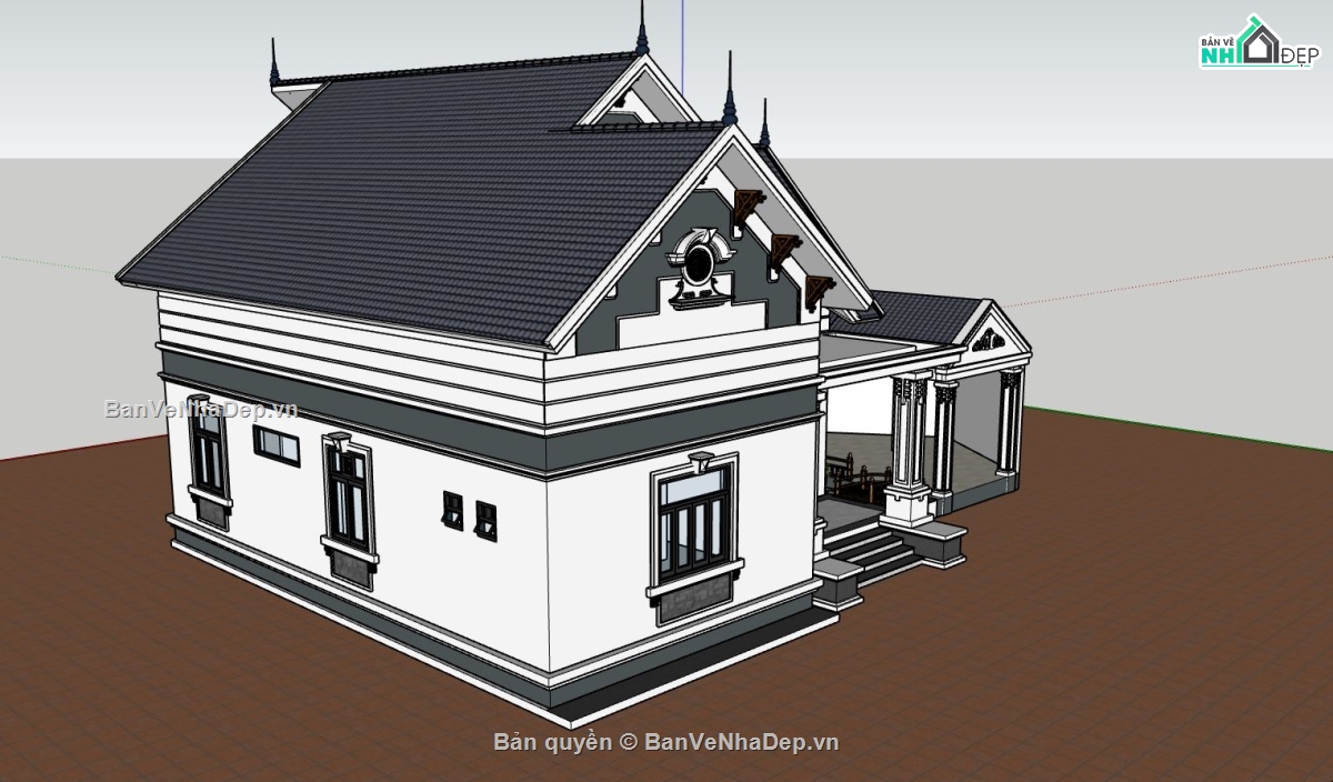 biệt thự 1 tầng,sketchup biệt thự 1 tầng,ngoại cảnh biệt thự