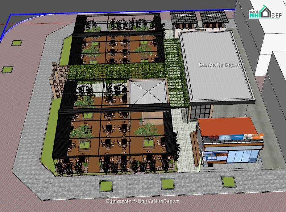 dự toán quán cà phê,quán cà phê sketchup,Mẫu quán cà phê,sketchup quán cafe,quán cafe 13x13.8m,model su quán cafe