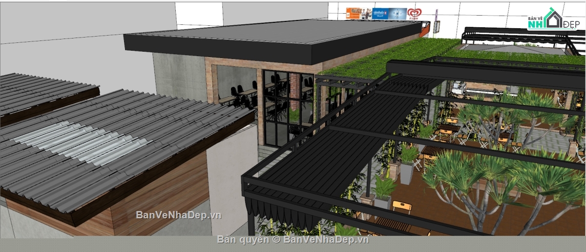 dự toán quán cà phê,quán cà phê sketchup,Mẫu quán cà phê,sketchup quán cafe,quán cafe 13x13.8m,model su quán cafe