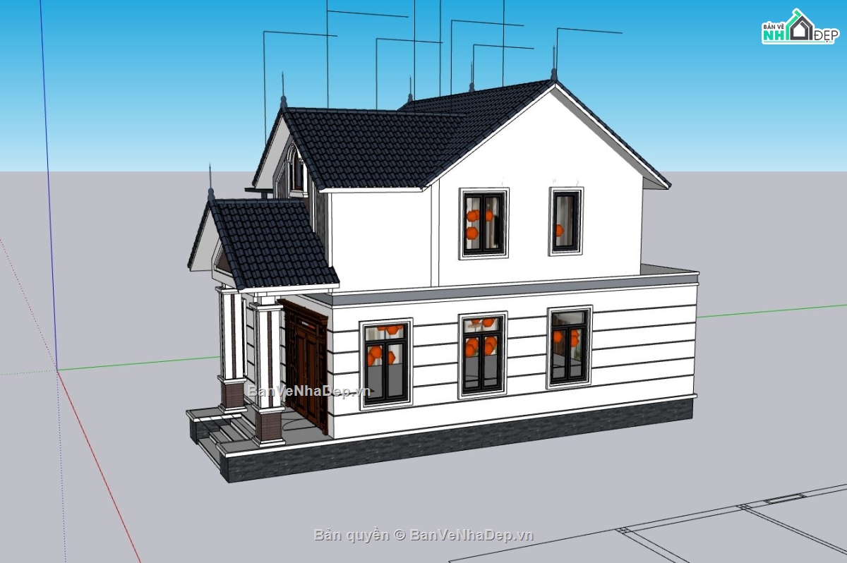 biệt thự 2 tầng,sketchup biệt thự,phối cảnh biệt thự