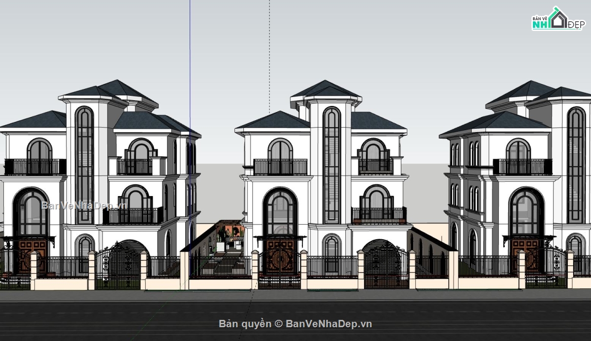 biệt thự 3 tầng,3d sketchup biệt thự 3 tầng,biệt thự tân cổ điển